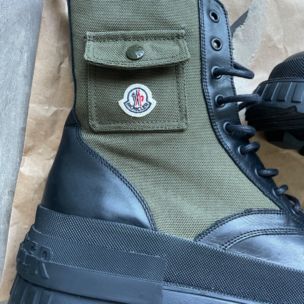 Moncler 10US/43 Military Green Konture Leather Cordura Combat Pocket Ankle Boots